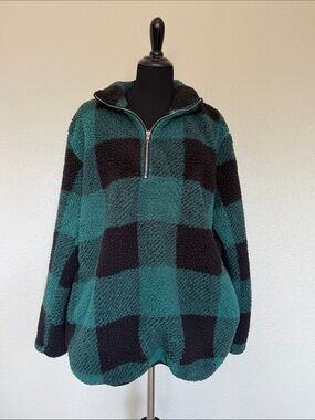 Green and Black Buffalo Plaid Sherpa Pullover